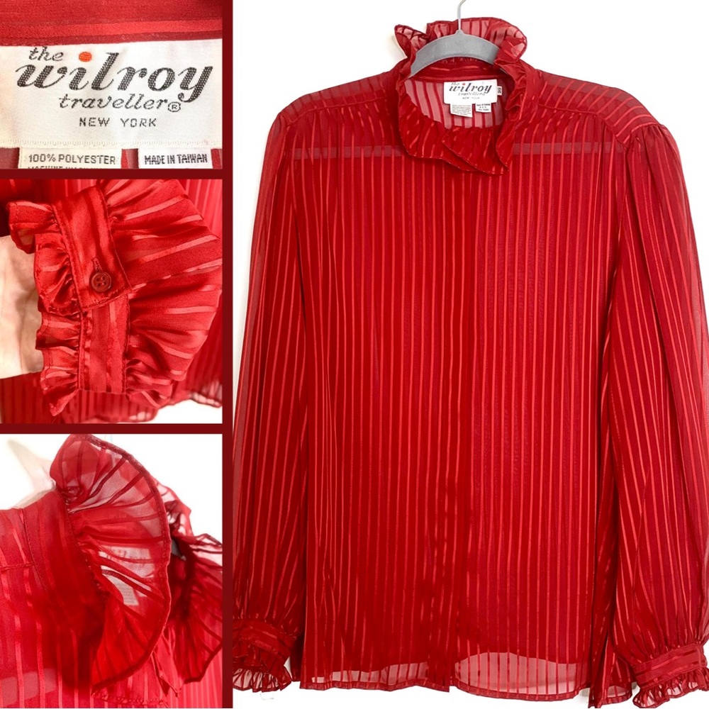 Vintage Red Blouse Sheer Pinstripe Ruffled Neck & Cuffs Christmas Valentine’s